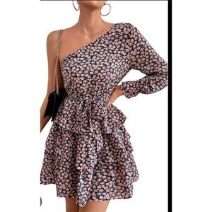 Women's Pretty Garden One Shoulder Black and Pink Floral Tiered Ruffle Dress Siz